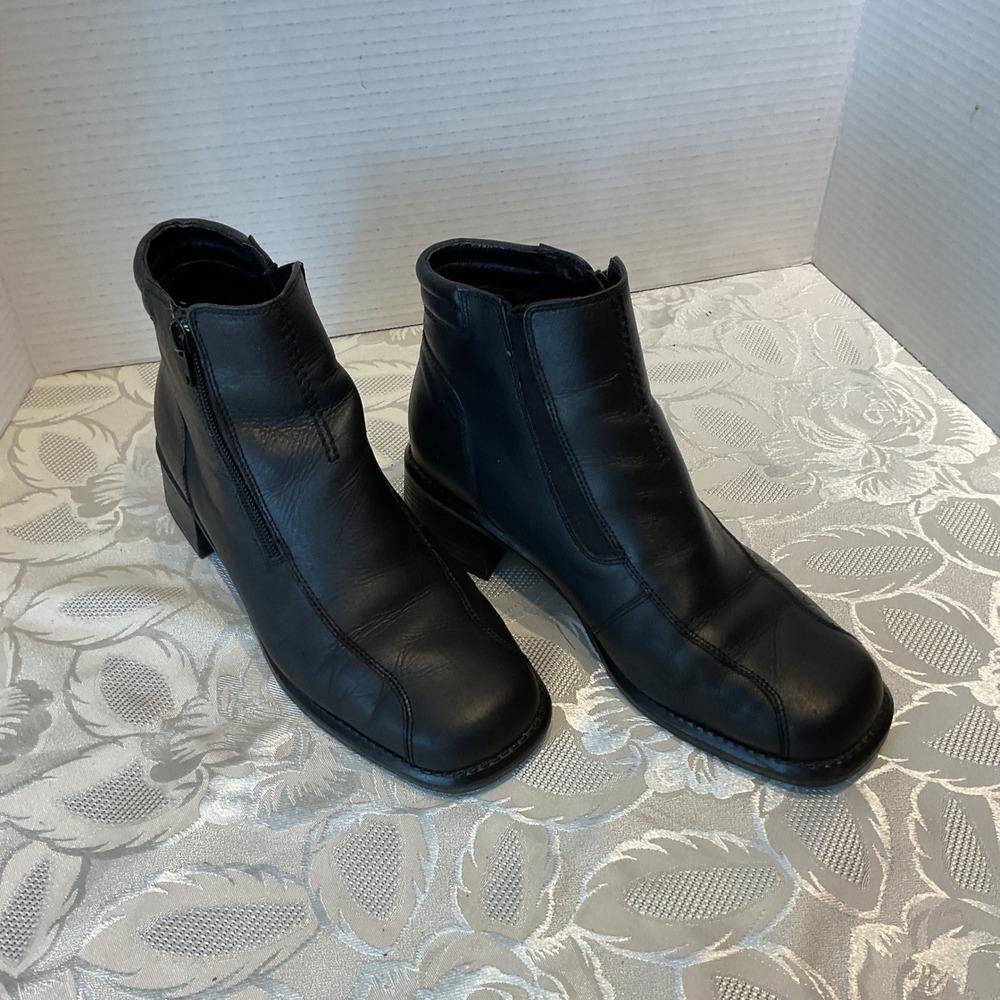 Unbranded Leather Ankle Boots Women 7.5M Black Good Square Toe Block Heel Zip